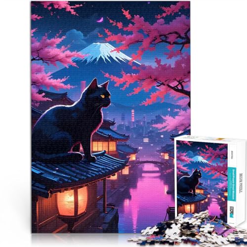Puzzle 1000 Teile für Erwachsene pädagogische Herausforderung Schwarze Katze auf japanischem Dach Geeignet für die Schreibtischdekoration52x38cm von LKASGCBY
