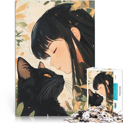 Puzzle 1000 Teile für Jugendliche für Lernspiel-Herausforderungsspielzeug Anime-Mädchen und Schwarze Katze Heimdekoration Spielzeug52x38cm von LKASGCBY