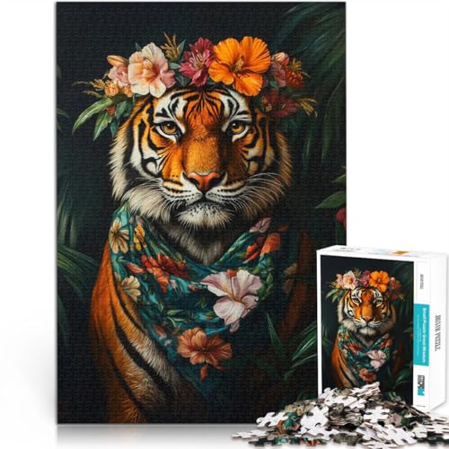 Puzzle für Erwachsene, 1000 Teile Lernspiele DIY Spielzeug Tiger im Blumenstirnband Geeignet für die Schreibtischdekoration38x26cm von LKASGCBY