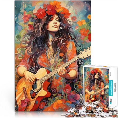 Puzzle für Erwachsene 1000 Teile Spielzeug Lernspiele Stressabbau Hippie-Mädchen spielt Gitarre Geeignet für die Schreibtischdekoration52x38cm von LKASGCBY