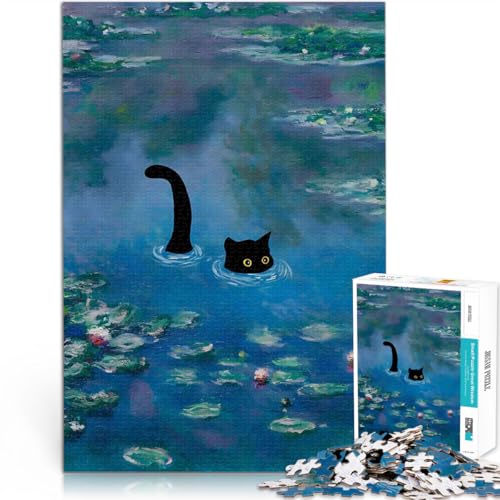 Puzzle für Teenager 1000 Teile Dekomprimierendes intellektuelles Lernspielzeug Schwarze Katze in Seerosen Eltern-Kind-Interaktion38x26cm von LKASGCBY