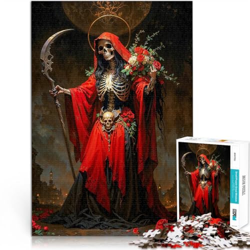 Teenager 1000 Teile Puzzle Dekomprimierendes intellektuelles Lernspielzeug Rote Santa Muerte mit Rosen Geschenk zum Geburtstag52x38cm von LKASGCBY