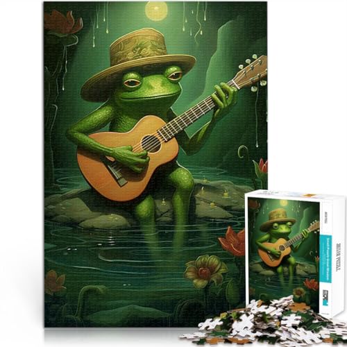 Teenager-Puzzle 1000 Teile Herausforderndes Spiel Grüner Frosch spielt Gitarre mit vollständig ineinander greifenden, zufällig geformten Teilen75x50cm von LKASGCBY