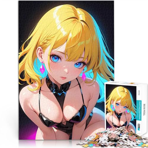 Teenager-Puzzles 1000 Teile Lernspielzeug Anime-Mädchen mit blauen Augen im schwarzen Bikini Tolle Geschenke und Spielzeuge38x26cm von LKASGCBY