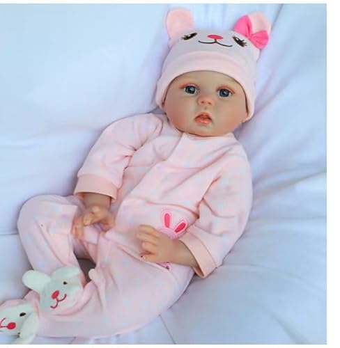 LKBOBIR Babypuppe aus Vinyl, 36 cm, Rosa und Weiß, Realistische Details, Strickkleidung, ab 3 Jahre von LKBOBIR