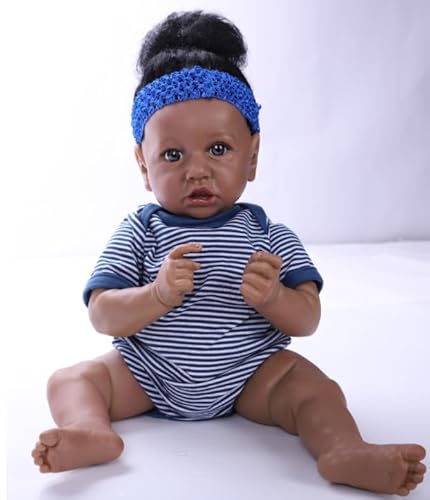 LKBOBIR Babypuppe aus Vinyl, 55 cm, Unisex, Gestreiftes Outfit mit Blauem Stirnband, Realistische Details, ab 3 Jahre von LKBOBIR