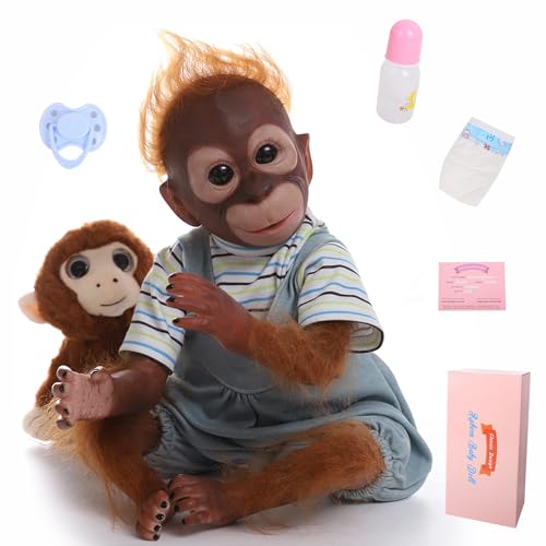 LKBOBIR Reborn Baby Puppe 21 Zoll 52 cm Niedlich Monkey Weiches Silikon Vinyl Realistisch Spielzeug Lebensechte AFFE Puppe mit Kuscheltier (Blau) von LKBOBIR