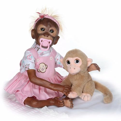 LKBOBIR Reborn Baby Puppe 21 Zoll 52 cm Niedlich Monkey Weiches Silikon Vinyl Realistisch Spielzeug Lebensechte AFFE Puppe mit Kuscheltier (Rosa) von LKBOBIR