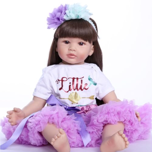 LKBOBIR Reborn Puppe mit Lila Tüllrock, Geburtstagsoutfit, Goldener Schleife und Teddybär, Weiße Schuhe von LKBOBIR