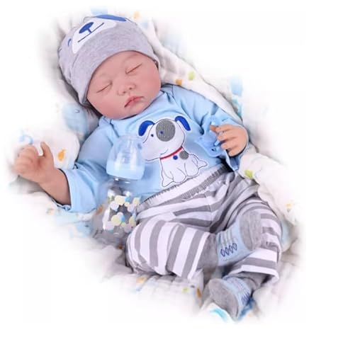 Lebensechte Schlafende Babypuppe, Blauer Hundedruck-Outfit mit Mütze, Grau Gestreifte Hose, Weiche Stoffpuppe Ersatz (Teile) von LKBOBIR