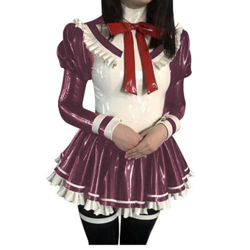 LKHFNBMUDCSX Faltenkleid Wetlook Lackleder Puffärmel Party Mini Ausgestelltes Kleid Halloween Cosplay, dunkelrot, XXL von LKHFNBMUDCSX