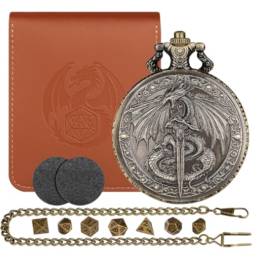 D&D Drache mit Schwert mit Taschenuhrgehäuse, Mini-Würfel-Set, 7-teilig, polyedrische Metallwürfel, Fantasy-Drachen-Greifschwert, DND-Starterset, DND-Geschenke mit Ledertasche, RPG-Zubehör D&D Drache mit Schwert mit Taschenuhrgehäuse, Mini-Würfel-Set, 7-teilig, polyedrische Metallwürfel, Fantasy-Drachen-Greifschwert, DND-Starterset, DND-Geschenke mit Ledertasche, RPG-Zubehör von LKKCHER DESIGN