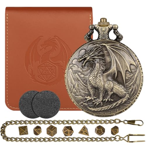 D&D Red Dragon Mini-Würfel-Set mit Steampunk-Bronze-Wyvern-Taschenuhrgehäuse, 7-teiliges polyedrisches Metall-DND-Würfel, Geschenk mit Ledertasche, RPG-Tischspiel-Zubehör, DND-Starter-Set D&D Red Dragon Mini-Würfel-Set mit Steampunk-Bronze-Wyvern-Taschenuhrgehäuse, 7-teiliges polyedrisches Metall-DND-Würfel, Geschenk mit Ledertasche, RPG-Tischspiel-Zubehör, DND-Starter-Set von LKKCHER DESIGN