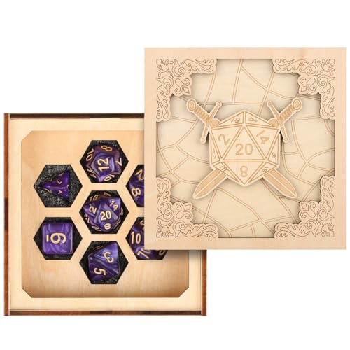 D&D Würfel mit Box, 7 Lila Polyedrische Würfel, Holz D20 Doppelschwerter Design, Rollenspiele Würfel Boxen, Schachbrett Aufbewahrung Zubehör, DND Geschenke für Fantasie Tabletop Spieler von LKKCHER DESIGN