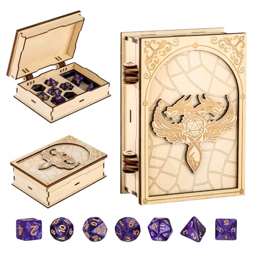 DND Würfelbox Holz mit 7 Lila Polyedrische Würfel, Erleichterung Zweiköpfiger Drache Design Würfel Boxen, Spieleabende D&D Zubehör, Fantasie Spiel Aufbewahrung Box, Geschenke für Tabletop Spieler von LKKCHER DESIGN