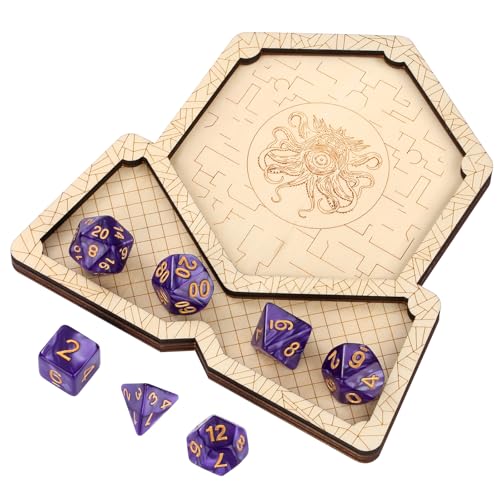 LKKCHER DESIGN DND wurfel Set, Oktopus Augenmonster Untersetzer und Würfel, Holzuntersetzer, 7 lila polyedrische DND Würfel, Würfelschale, RPG zubehor, Tischspiele, Brettspiele, Clubzubehör von LKKCHER DESIGN