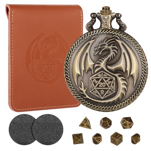 Mini DND Würfel Set mit Steampunk Drachen Muster Taschenuhrgehäuse, 7-Teilig Polyedrisches Metall D&D Würfel Set, DND Geschenke mit Lederbeutel, RPG, MTG, Rollenspiel-Brettspiel Zubehör Würfel, Bronze Mini DND Würfel Set mit Steampunk Drachen Muster Taschenuhrgehäuse, 7-Teilig Polyedrisches Metall D&D Würfel Set, DND Geschenke mit Lederbeutel, RPG, MTG, Rollenspiel-Brettspiel Zubehör Würfel, Bronze von LKKCHER DESIGN