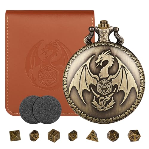 Mini DND Würfel Set mit Steampunk Flügel Drache Taschenuhrgehäuse, 7-Teilig Polyedrisches Metall D&D Würfel Set, DND Geschenke mit Lederbeutel, RPG, MTG, Rollenspiel-Brettspiel Zubehör Würfel, Bronze Mini DND Würfel Set mit Steampunk Flügel Drache Taschenuhrgehäuse, 7-Teilig Polyedrisches Metall D&D Würfel Set, DND Geschenke mit Lederbeutel, RPG, MTG, Rollenspiel-Brettspiel Zubehör Würfel, Bronze von LKKCHER DESIGN