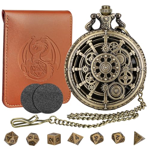 Mini DND Würfelset mit Steampunk Hohlzahnrad Taschenuhr Muschelgehäuse, 7-teiliges Polyedrisches D&D-Würfelset aus Metall, DND Geschenke mit Lederbeutel, Rollenspiel-Brettspielzubehör, Bronze Mini DND Würfelset mit Steampunk Hohlzahnrad Taschenuhr Muschelgehäuse, 7-teiliges Polyedrisches D&D-Würfelset aus Metall, DND Geschenke mit Lederbeutel, Rollenspiel-Brettspielzubehör, Bronze von LKKCHER DESIGN