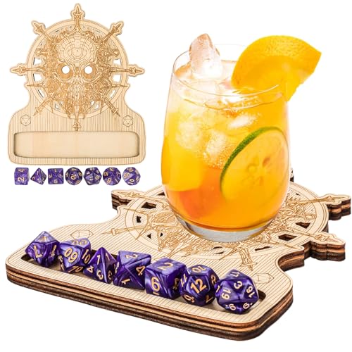 Spielwürfel, DND Hexenmeister untersetzer und würfel, 1 Holz untersetzer, 7 lila polyedrische DND Würfel, tischspiele für RPG, Würfelschale, Männer Frauen Partei DND zubehor von LKKCHER DESIGN