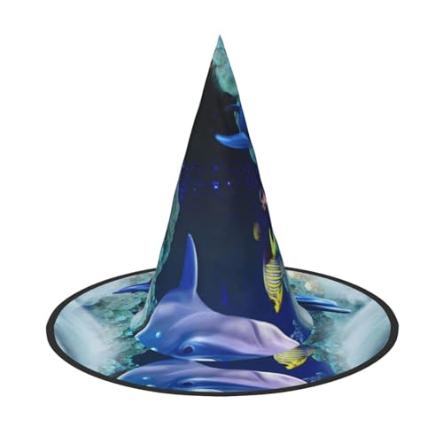 LKLDDPZB Blauer Hut mit Meereslebewesen, bedruckt, Halloween-Hexenhut, für Damen und Herren, spitzer Hut, Dekoration, Cosplay von LKLDDPZB