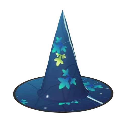 LKLDDPZB Blauer Mini-Blumen-Wirbel bedruckter Halloween-Hexenhut für Damen und Herren, spitzer Hut, Dekoration, Cosplay von LKLDDPZB