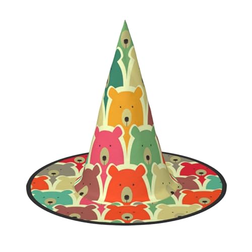 LKLDDPZB Bunte Bären bedruckter Halloween-Hexenhut für Damen und Herren, spitzer Hut, Dekoration, Cosplay von LKLDDPZB