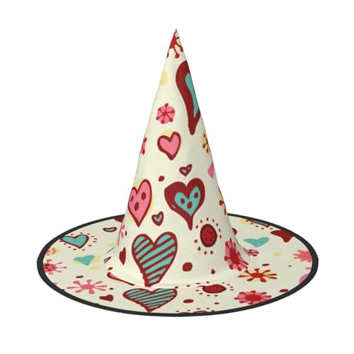 LKLDDPZB Buntes Herzmuster, bedruckter Halloween-Hexenhut für Damen und Herren, spitzer Hut, Dekoration, Cosplay von LKLDDPZB