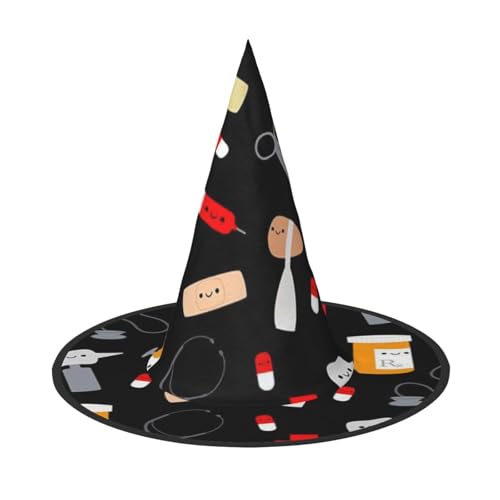 LKLDDPZB Cartoon-Medizin Muster, bedruckt, Halloween-Hexenhut für Damen und Herren, spitzer Hut, Dekoration, Cosplay LKLDDPZB Cartoon-Medizin Muster, bedruckt, Halloween-Hexenhut für Damen und Herren, spitzer Hut, Dekoration, Cosplay von LKLDDPZB