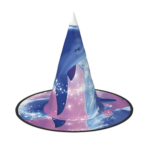 LKLDDPZB Dolphins In Love Bedruckter Halloween-Hexenhut für Damen und Herren, spitzer Hut, Dekoration, Cosplay von LKLDDPZB