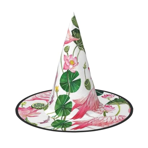LKLDDPZB Flamingo-Vogel runde Blätter gedruckt Halloween Hexenhut für Damen und Herren spitzer Hut Dekoration Cosplay von LKLDDPZB