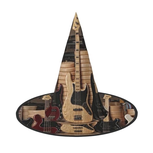 LKLDDPZB Gitarre, Bass, Musik, Musikinstrumente, bedruckt, Halloween, Hexenhut, für Damen und Herren, spitzer Hut, Dekoration, Cosplay von LKLDDPZB