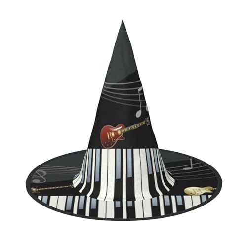 LKLDDPZB Gitarren-Klavier-Muster, bedruckt, Halloween-Hexenhut, für Damen und Herren, spitzer Hut, Dekoration, Cosplay von LKLDDPZB