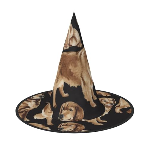 LKLDDPZB Golden Retrievers bedruckter Halloween-Hexenhut für Damen und Herren, spitzer Hut, Dekoration, Cosplay von LKLDDPZB