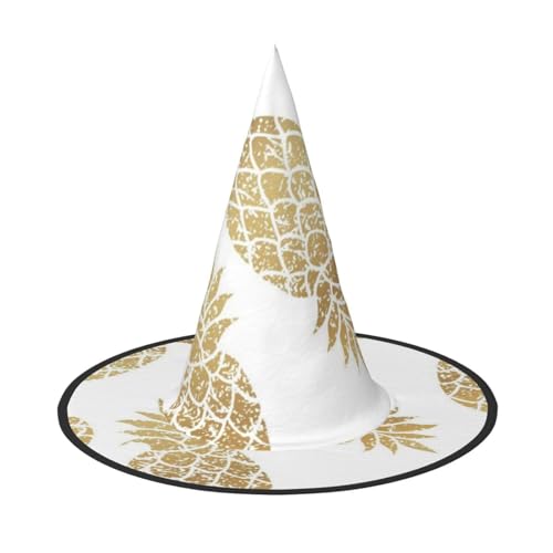 LKLDDPZB Goldener Ananas-Hintergrund, bedruckt, Halloween-Hexenhut für Damen und Herren, spitzer Hut, Dekoration, Cosplay von LKLDDPZB