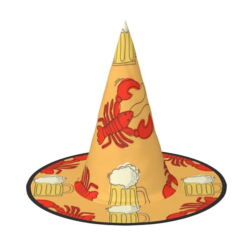LKLDDPZB Halloween-Hexenhut mit Bier- und Krebsmuster, bedruckt, für Damen und Herren, spitzer Hut, Dekoration, Cosplay von LKLDDPZB