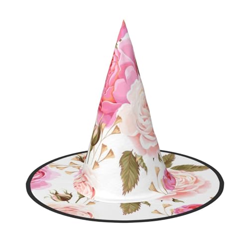 LKLDDPZB Halloween-Hexenhut mit Blumenmuster, Rosa, bedruckt, für Damen und Herren, spitzer Hut, Dekoration, Cosplay von LKLDDPZB