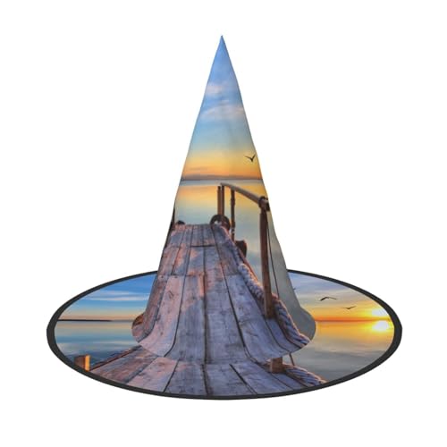 LKLDDPZB Halloween-Hexenhut mit Sonnenuntergang-Landschaft, bedruckt, für Damen und Herren, spitzer Hut, Dekoration, Cosplay von LKLDDPZB