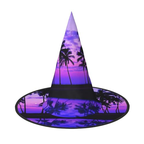 LKLDDPZB Hexenhut für Damen und Herren, Motiv: Palme, violett, Sonnenuntergang, bedruckt, Halloween-Hexenhut, Dekoration, Cosplay von LKLDDPZB