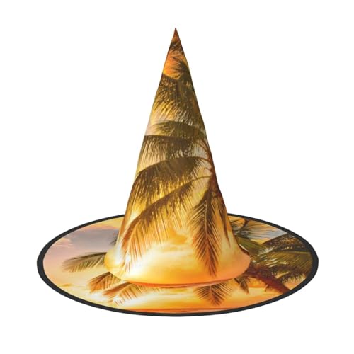LKLDDPZB Hexenhut für Damen und Herren, Motiv: tropischer Strand, Palme, Sonnenuntergang, bedruckt, Halloween-Hexenhut, Dekoration, Cosplay von LKLDDPZB