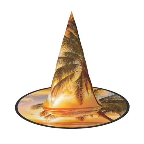 LKLDDPZB Hexenhut für Damen und Herren, Motiv: tropischer Strand, Palme, Sonnenuntergang, bedruckt, Halloween-Hexenhut, Dekoration, Cosplay von LKLDDPZB