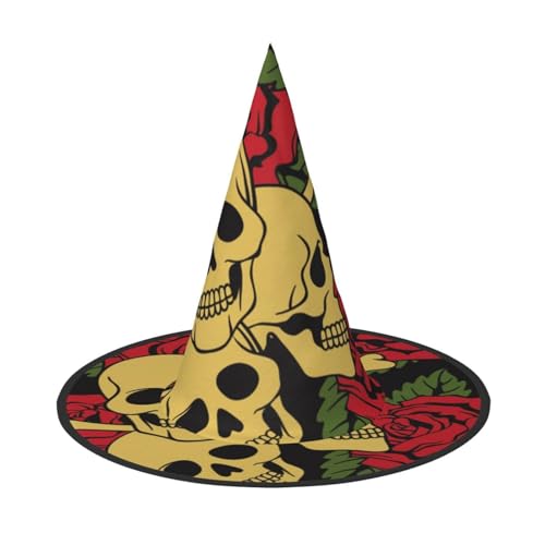 LKLDDPZB Hexenhut mit Rose und Totenkopf, bedruckt, Halloween, für Damen und Herren, spitzer Hut, Dekoration, Cosplay von LKLDDPZB