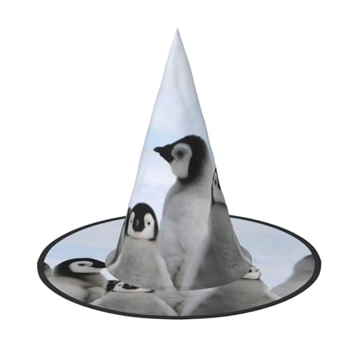 LKLDDPZB Junge Pinguine mit Schnee bedruckter Halloween-Hexenhut für Damen und Herren, spitzer Hut, Dekoration, Cosplay von LKLDDPZB