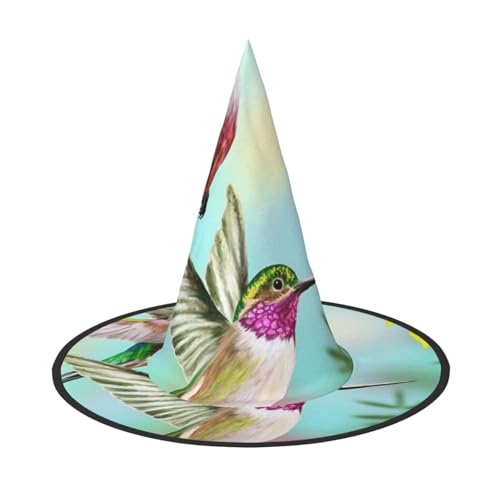 LKLDDPZB Kolibris, rote Blume, Hibiskus, bedruckt, Halloween, Hexenhut, für Damen und Herren, spitzer Hut, Dekoration, Cosplay von LKLDDPZB