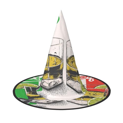 LKLDDPZB Mexiko-Flagge und Tequila-Druck, Halloween-Hexenhut für Damen und Herren, spitzer Hut, Dekoration, Cosplay von LKLDDPZB