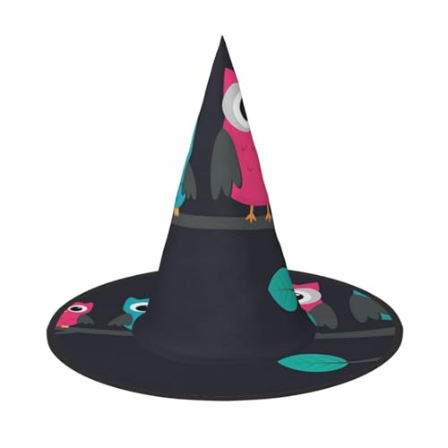 LKLDDPZB Niedliche Eulen bedruckter Halloween-Hexenhut für Damen und Herren, spitzer Hut, Dekoration, Cosplay von LKLDDPZB