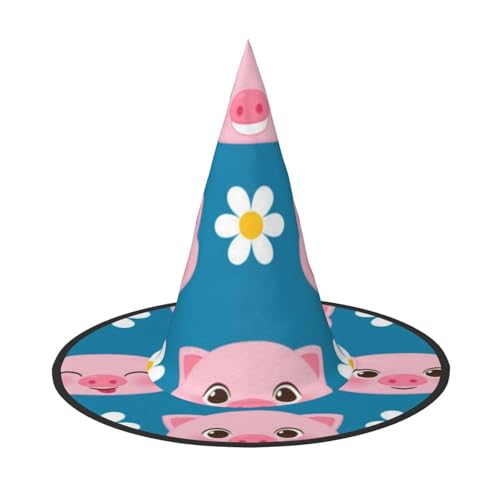 LKLDDPZB Niedlicher Schweine-bedruckter Halloween-Hexenhut für Damen und Herren, spitzer Hut, Dekoration, Cosplay von LKLDDPZB