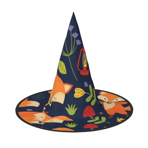 LKLDDPZB Niedlicher Tier-Hexenhut mit Fuchs-Blumen-Druck, Halloween-Hexenhut für Damen und Herren, spitzer Hut, Dekoration, Cosplay von LKLDDPZB