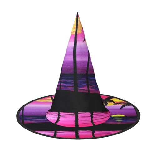 LKLDDPZB Palmen-Sonnenuntergang-Design, bedruckt, Halloween-Hexenhut für Damen und Herren, spitzer Hut, Dekoration, Cosplay von LKLDDPZB