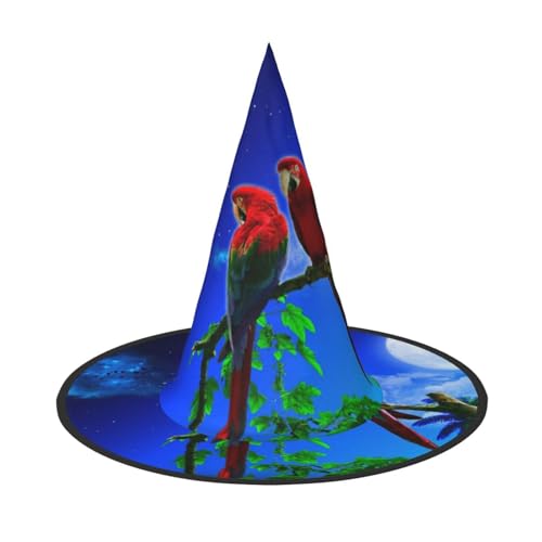 LKLDDPZB Papageien bedruckter Halloween-Hexenhut für Damen und Herren, spitzer Hut, Dekoration, Cosplay von LKLDDPZB